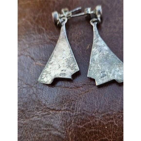 Vtg Pink Mother of Pearl Triangular Geometric Sterling Silver Earrings Mexico - Picture 6 of 7